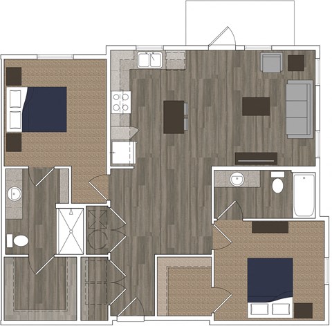 Floor plan for 2 beds, 2 baths, 1095 sqft